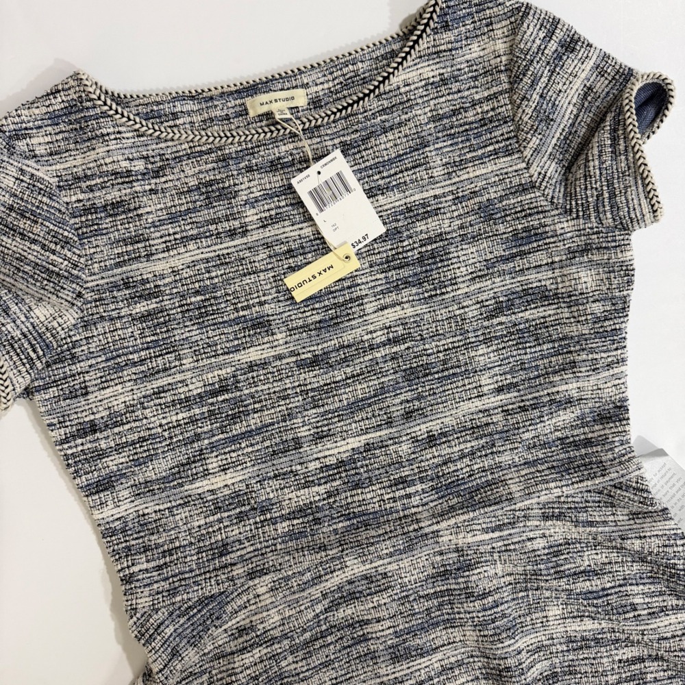 Max Studio Tweed Fit Flare Dress Short Sleeve Textured Blue White Black Sz L NWT - Picture 1 of 8